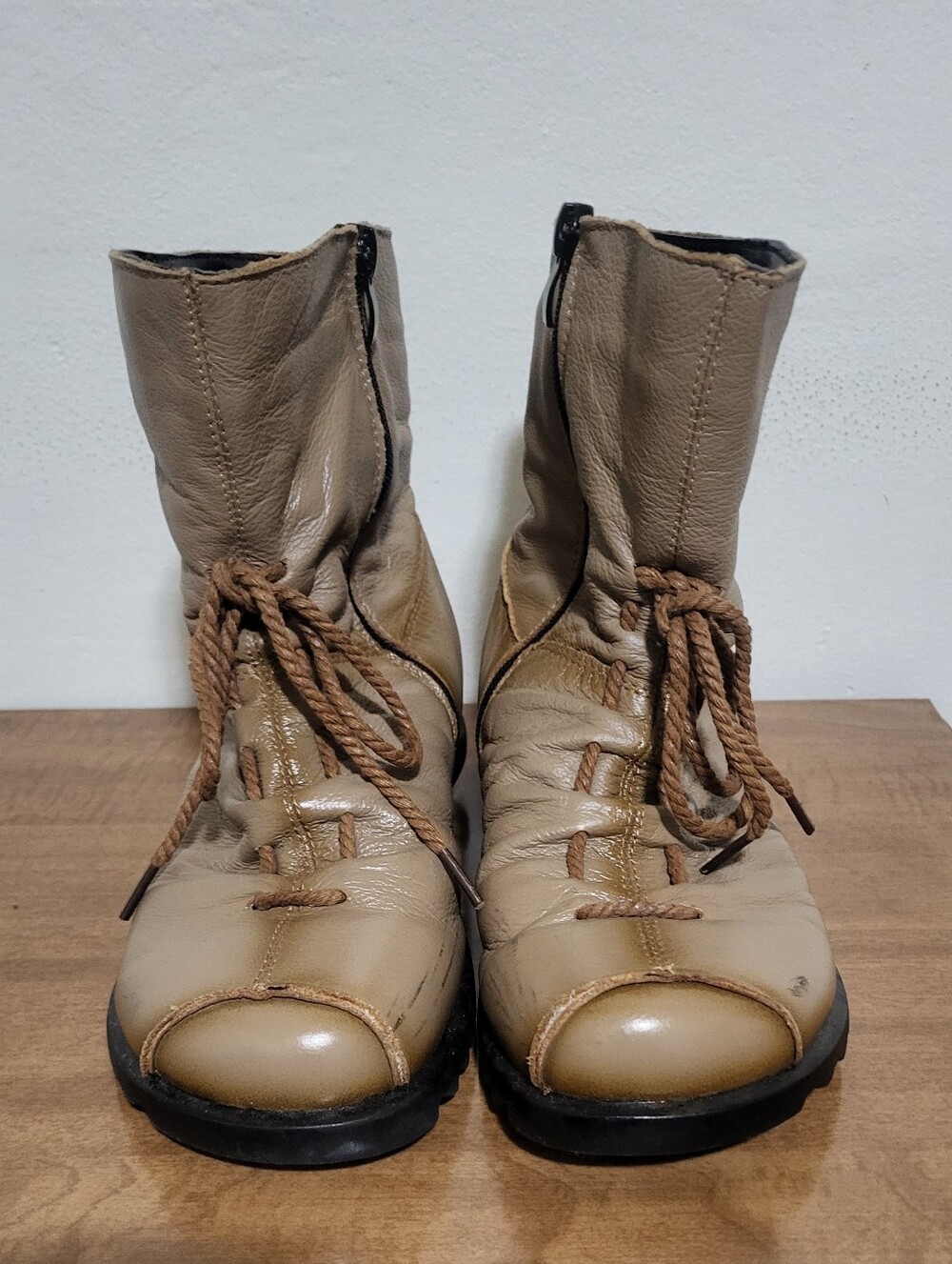 SOCOFY Tan "Beige" Leather Ankle Boots Rope Lace Up Size 7.5-8 / EU 39 - 245